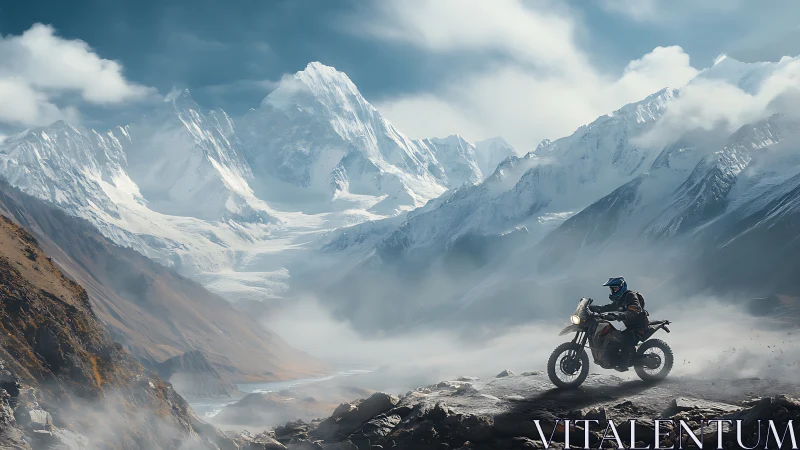 Motorcyclist rides rocky trail below towering snowy peaks.