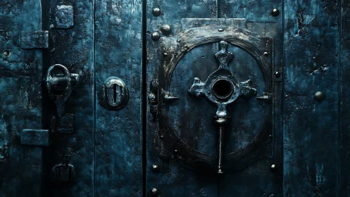 Rust-dark steel vault door with ornate central lock.