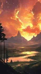 Mountain basin with reflective wetlands under orange sky.