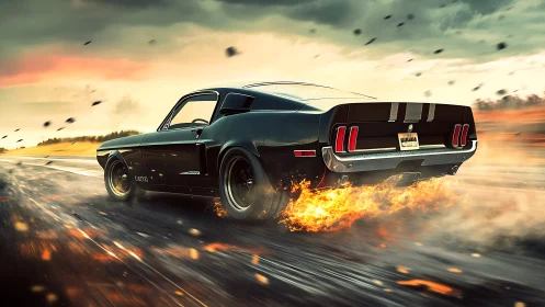 Black muscle car in motion on road with trailing flames.