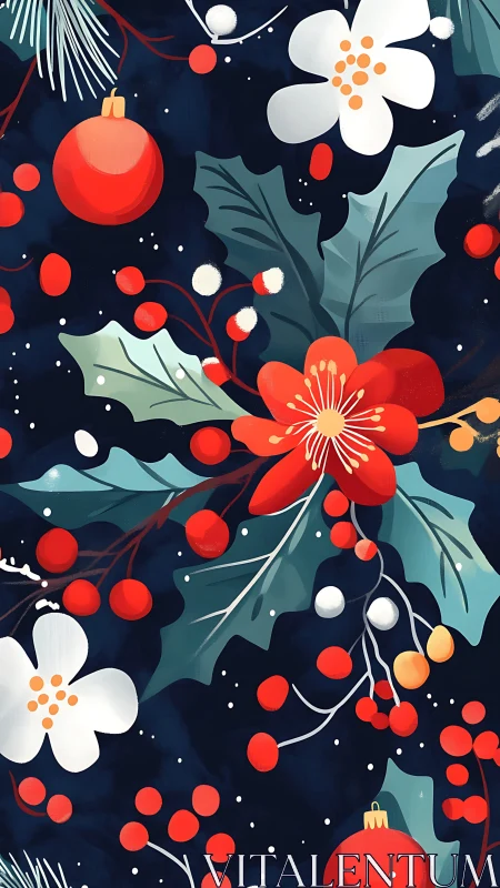 Stylized winter foliage and ornaments form a repeating pattern