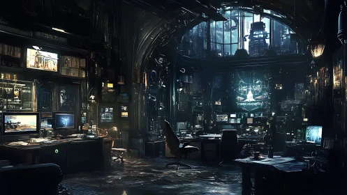 Dimly lit cybernetic control room with multiple workstations.