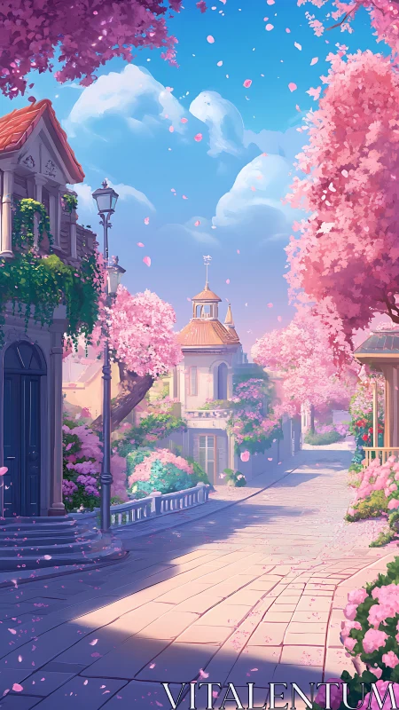 Sunlit cherry blossom lane winds through tranquil village.