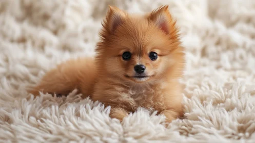 Fluffy Pomeranian puppy rests on soft white shag blanket.
