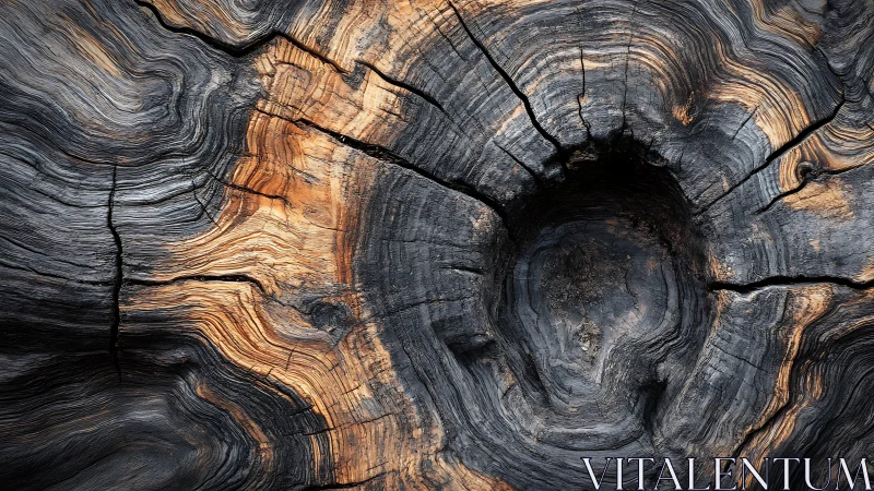 Weathered tree trunk cross-section with radial cracks detail.