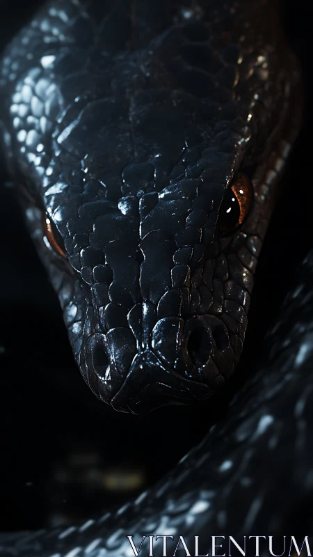 Obsidian serpent stares through shadow with molten ember eyes.