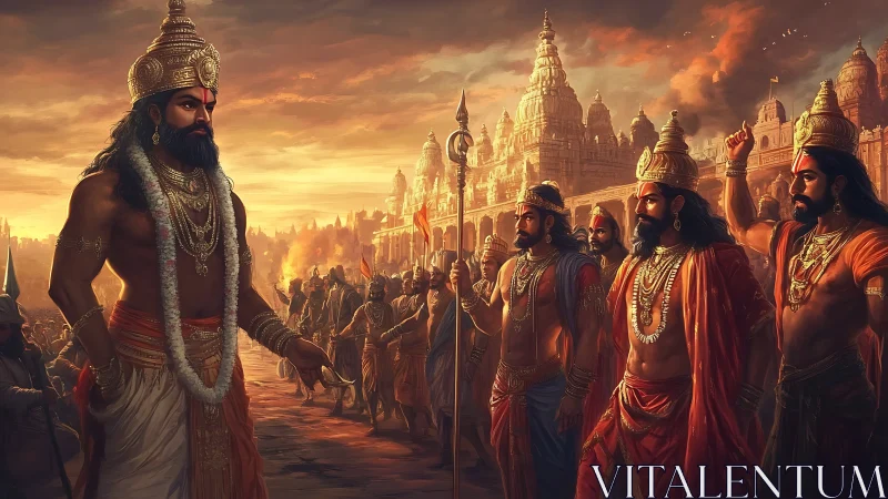 Warrior king leading soldiers before grand temple city.