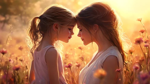 Two figures with chestnut hair positioned in profile within backlighting field environment with warm