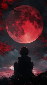 Solitary figure contemplates a looming crimson moon
