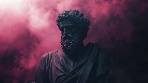 Classical marble bust emerges from magenta volumetric fog lighting
