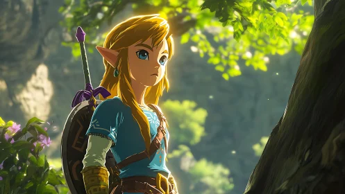 Forest light crowns a quiet elven adventurer in thought