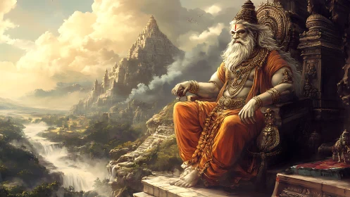 Mountain throne of the serene sage above wandering rivers.