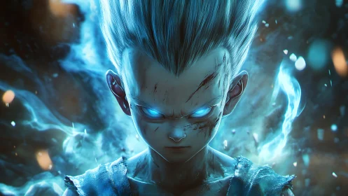 Electrified anime warrior unleashes glowing blue aura power.