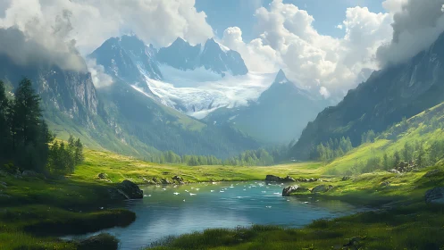 Snowcrowned giants watching over a hush-bright valley lake.