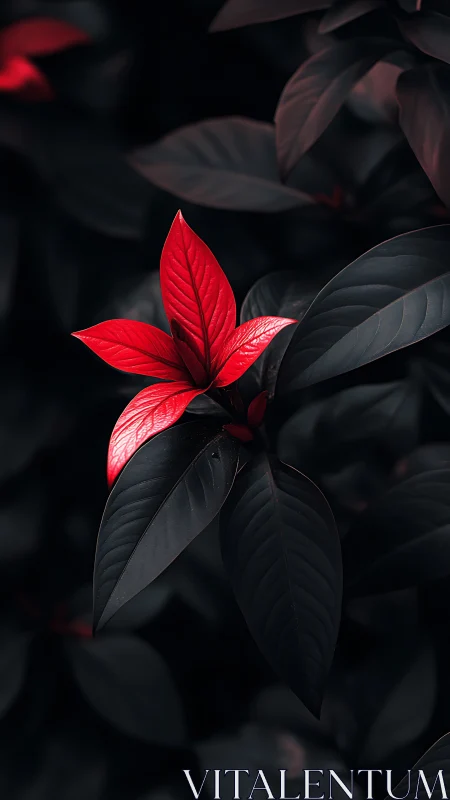 Bold red leaf glowing gently against deep shadowed greens.