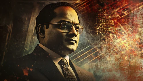 Stoic suited man stands before abstract fiery backdrop