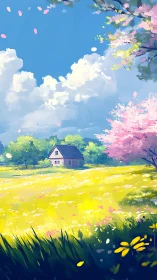 Sunlit cottage rests amid blooming spring meadow and clouds