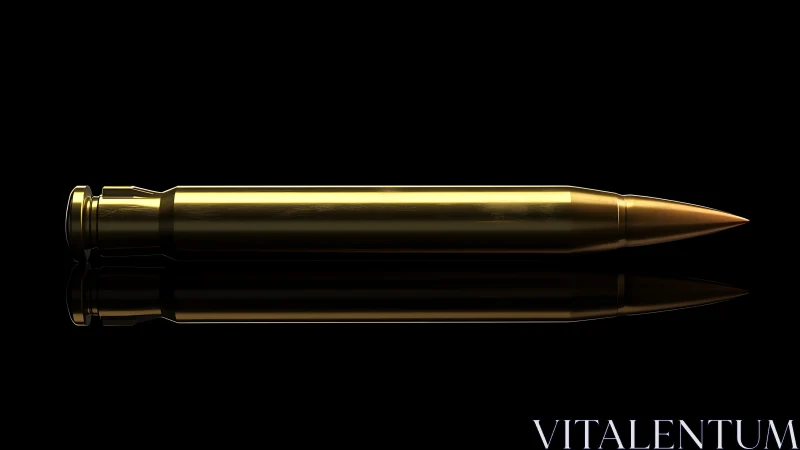 Single rifle cartridge on glossy black reflective surface.