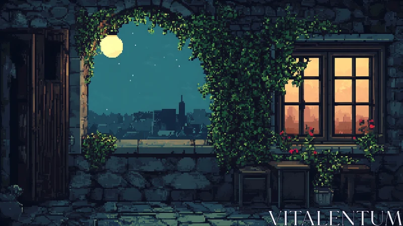 Moonlit balcony pixels and sunset window glow in duet.