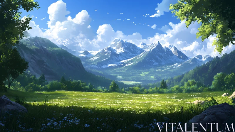 Digital painting of alpine meadow vista with recessed valley focus.