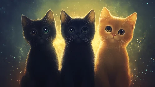 Three Luminous Cats Against Golden Ethereal Background.