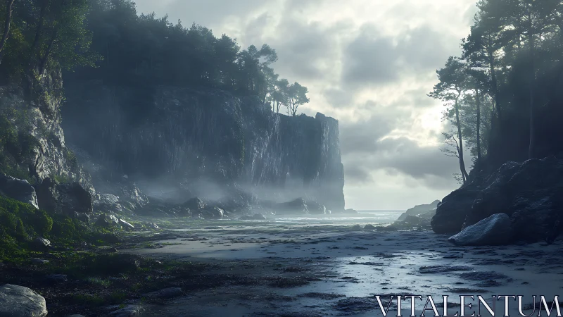 Cliffs Emerge Through Misty Veil Where Dark Waters Meet Sky