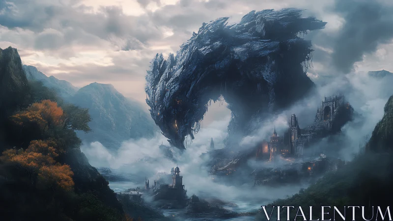 Colossal stone dragon bends low to question a misty citadel