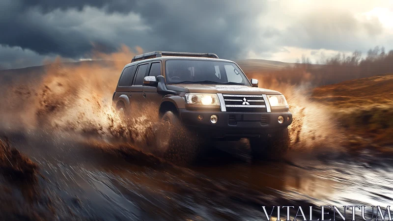 Off-road SUV powers through muddy terrain at golden hour