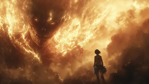 Soldier confronts colossal fiery demon in burning sky