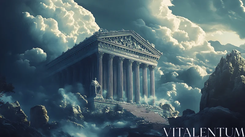 Digital painting of celestial neoclassical temple in clouds.