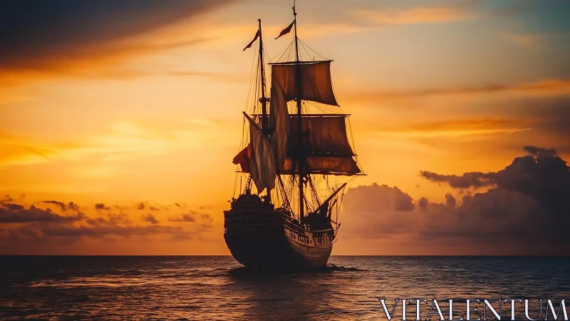 Tall ship silhouette advances toward horizon at fiery sunset