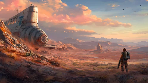 Rust-red horizons cradle a lone explorer and fallen craft