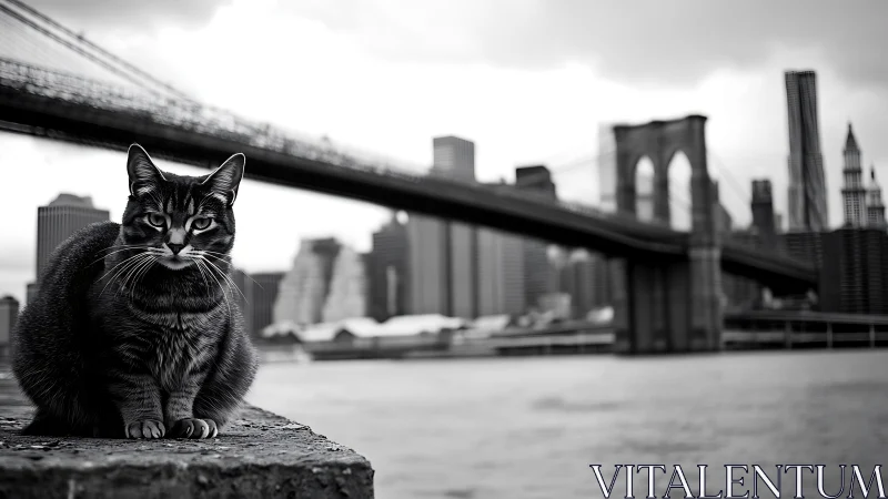 Urban Cat Watches Brooklyn Bridge Skyline.