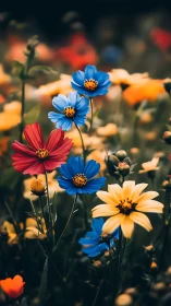 Prismatic Garden Dance: Blue, Red, and Golden Cosmos Blooms.