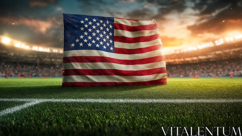 Stadium twilight crowns a proud American flag on turf.