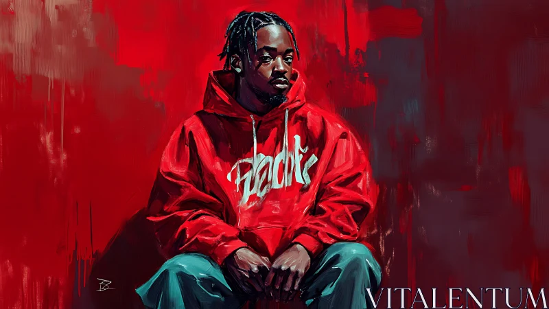 Calm young man in bold red hoodie against vivid backdrop.