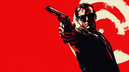 Male figure extends handgun toward viewer against red field