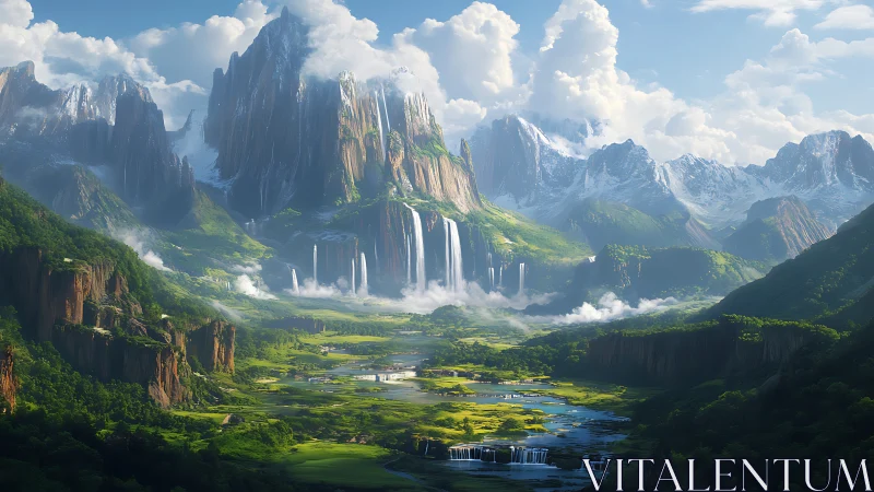 Sky-carved citadel of waterfalls above an emerald valley.