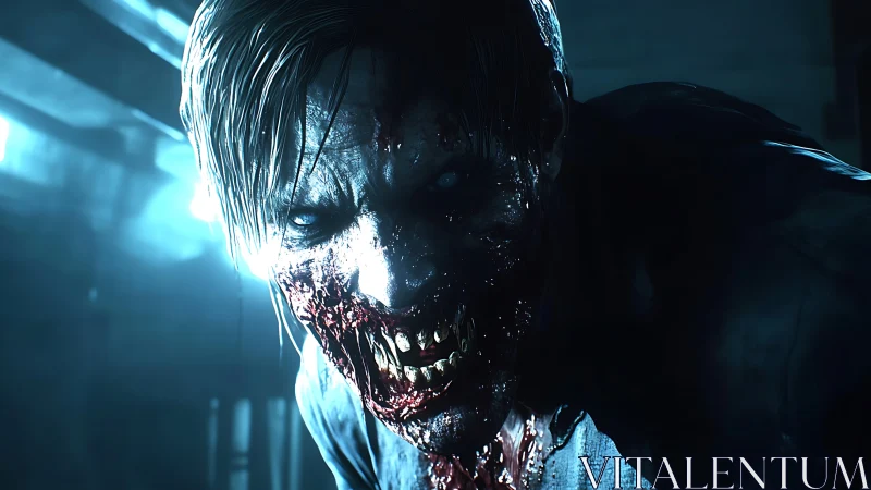 Cinematic close-up of decayed zombie head under harsh blue light