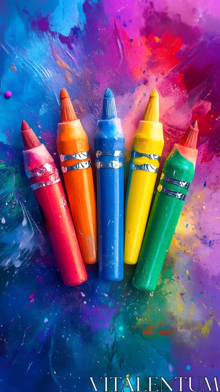 Colored wax crayons aligned on multicolor painted surface.