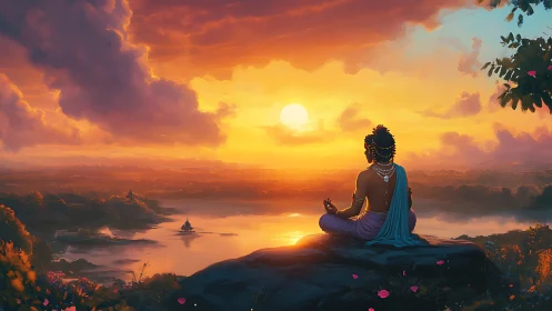 Sunset meditation welcomes calm over a glowing river valley