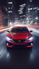 Photorealistic red sports sedan in dynamic urban frontal view.