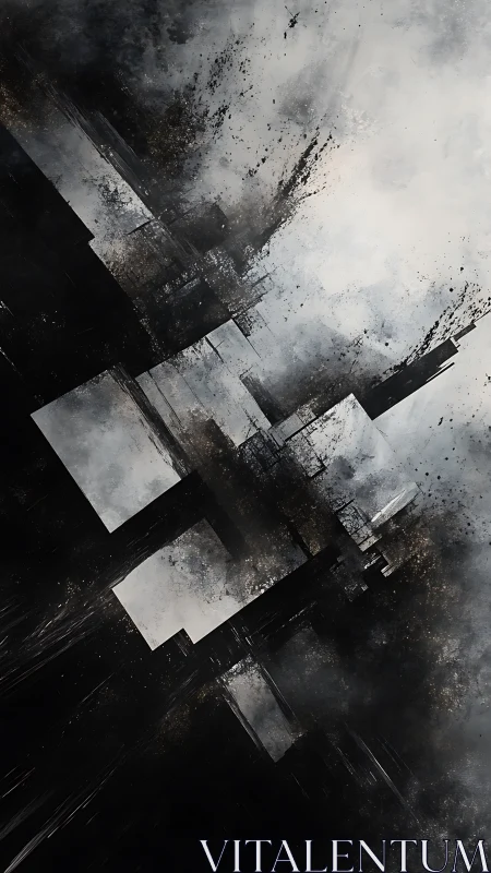 Abstract monochrome city blocks in drifting smoke.