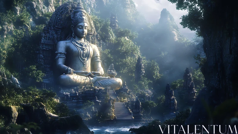 Serene mountain temple with a peaceful stone meditation deity.