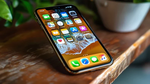 iPhone XS Max displaying iOS home screen with application icons on wooden surface