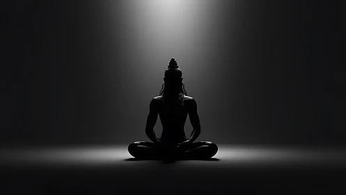 Silhouette of seated figure meditates under narrow spotlight
