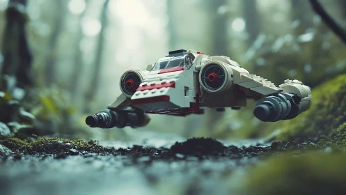 Photoreal LEGO starfighter hover shot in misty forest path