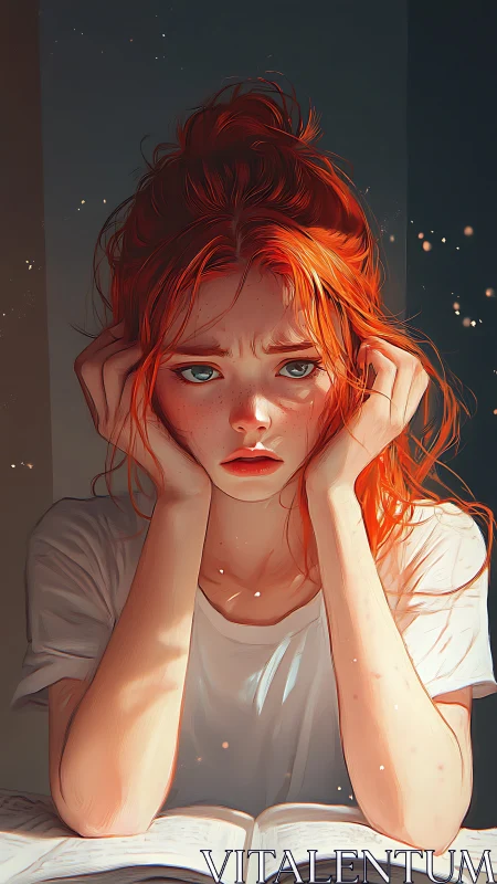 Digital portrait shows red-haired reader seated at open book