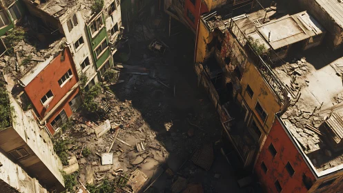 Collapsed urban courtyard between damaged apartment blocks.