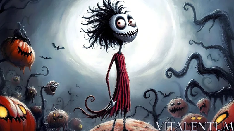 Thin cartoon ghoul stands among twisted pumpkins at night